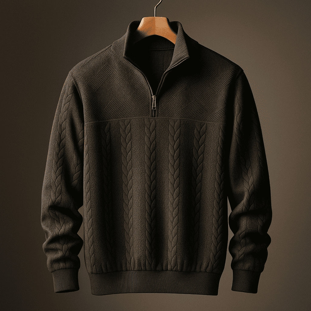 Stylish Cable Knit Jumper with Half-Zip and Stand-Up Collar for Men