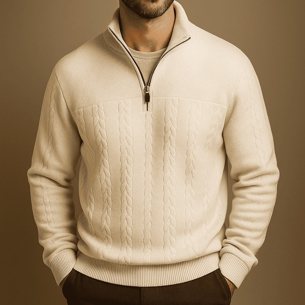 Stylish Cable Knit Jumper with Half-Zip and Stand-Up Collar for Men