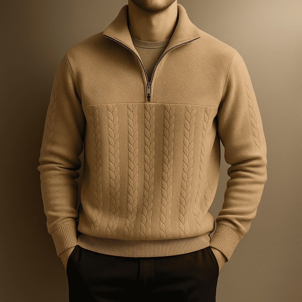 Stylish Cable Knit Jumper with Half-Zip and Stand-Up Collar for Men