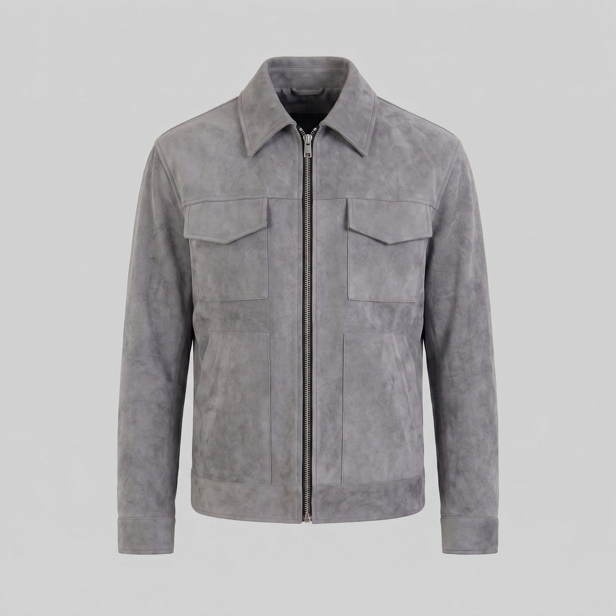 Men's Suede Overshirt with Zip Closure and Stand-Up Collar