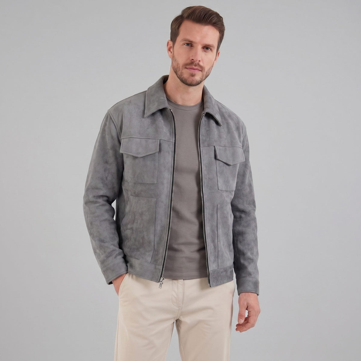 Men's Suede Overshirt with Zip Closure and Stand-Up Collar