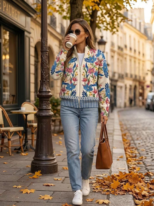 Floral Print Zip-Up Cardigan for Women