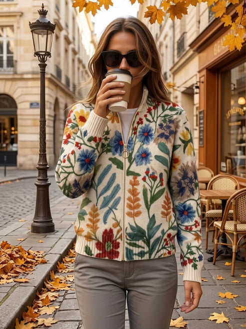 Floral Print Zip-Up Cardigan for Women