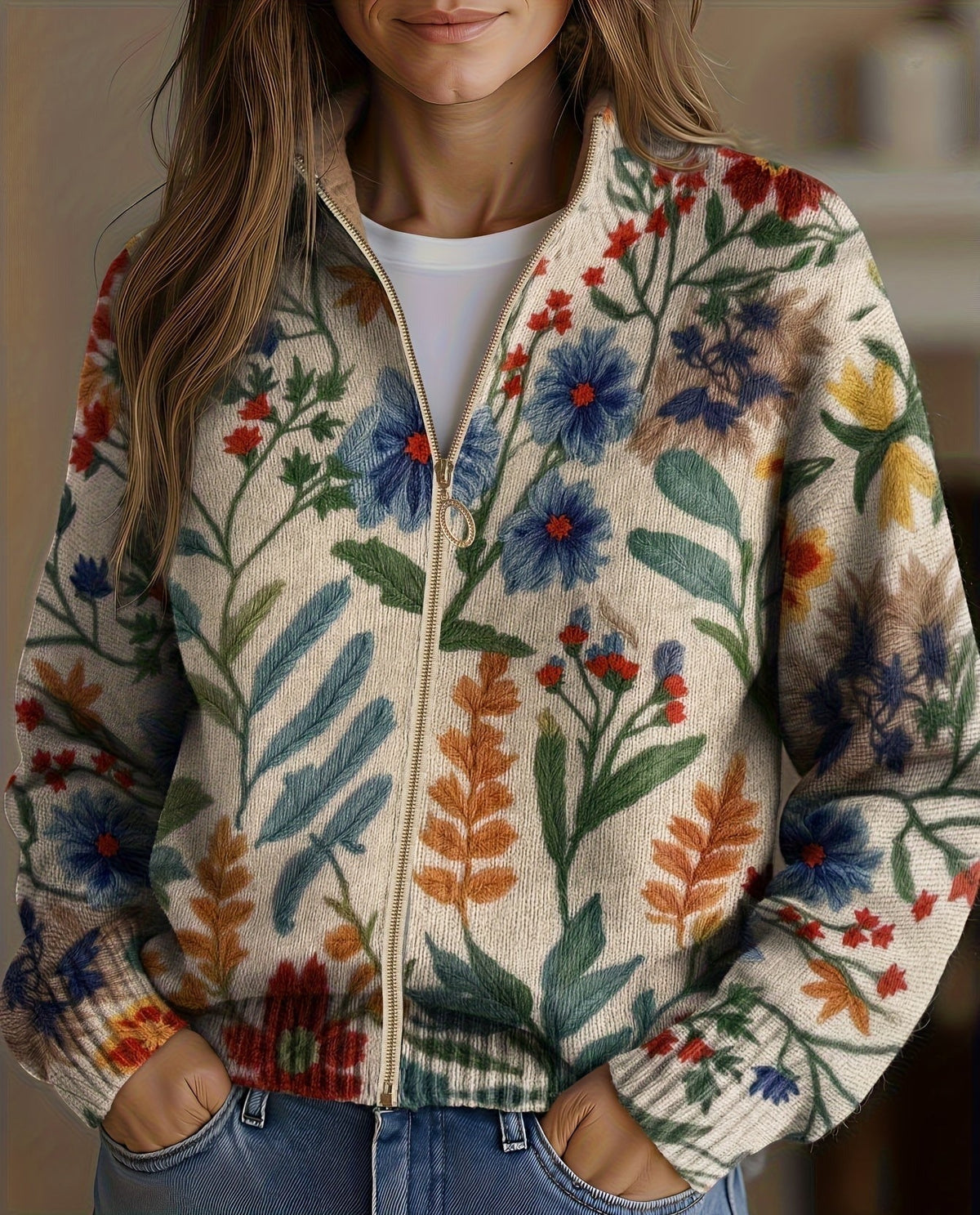 Floral Print Zip-Up Cardigan for Women