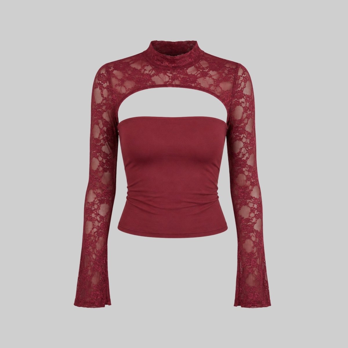 Top Ladies Lace Cutout Mock Neck Flared Sleeves