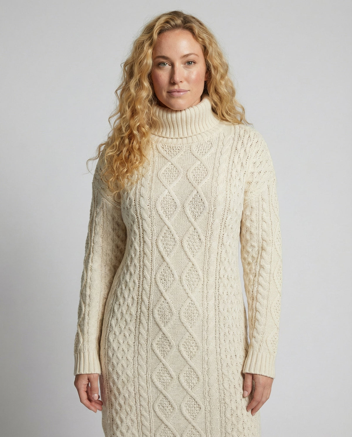 Women's Long Sleeve Midi Knit Dress with Round Neck and Ribbed Cuffs