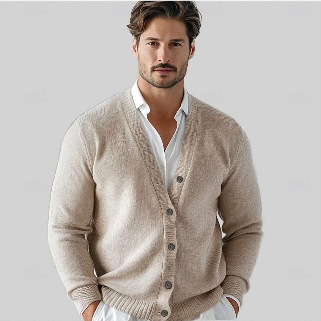 Men's V-Neck Knitted Cardigan with Button Closure