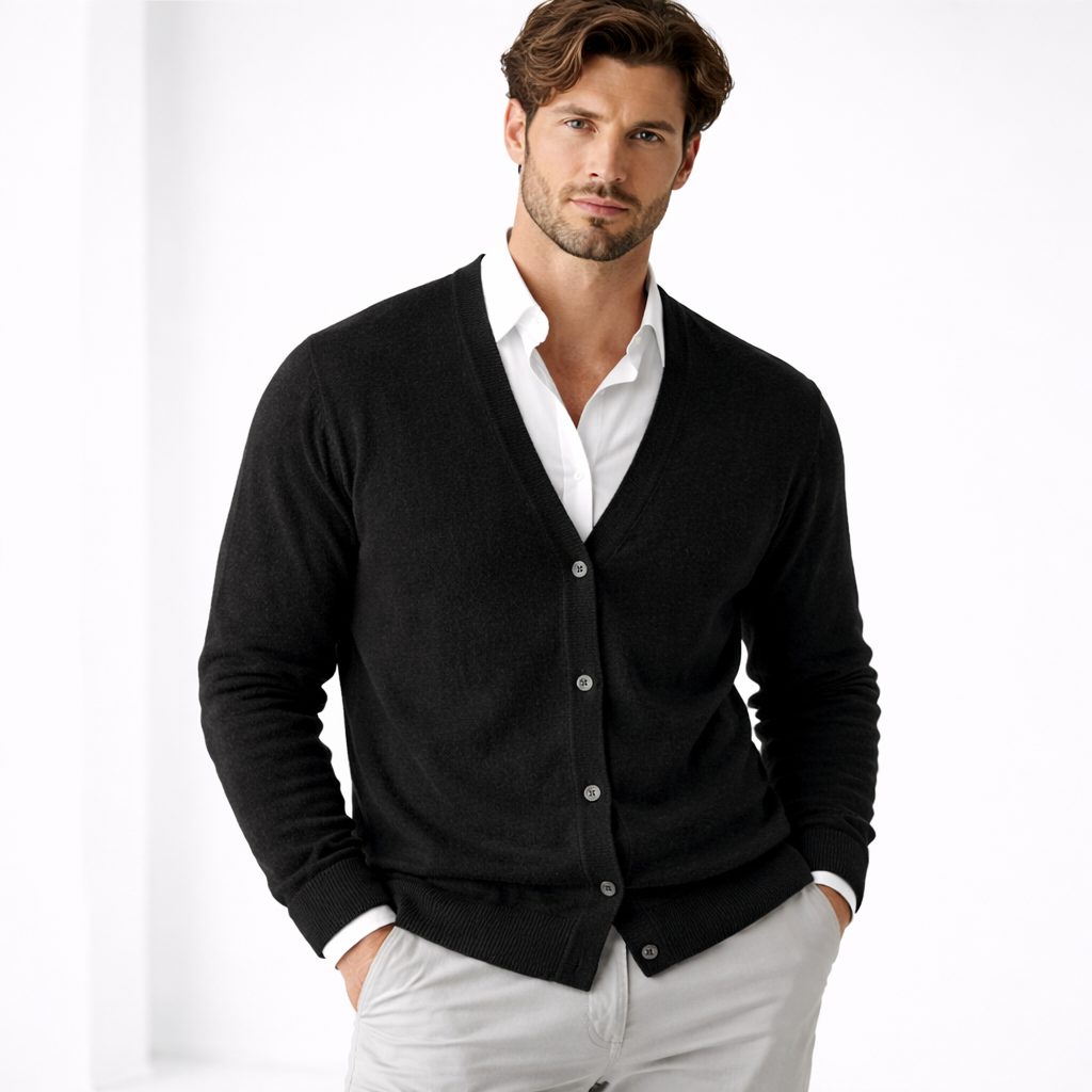 Men's V-Neck Knitted Cardigan with Button Closure