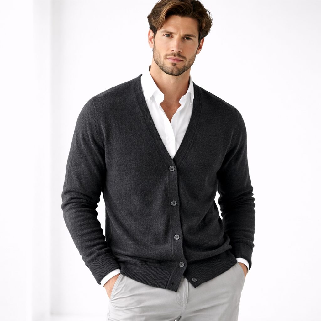 Men's V-Neck Knitted Cardigan with Button Closure