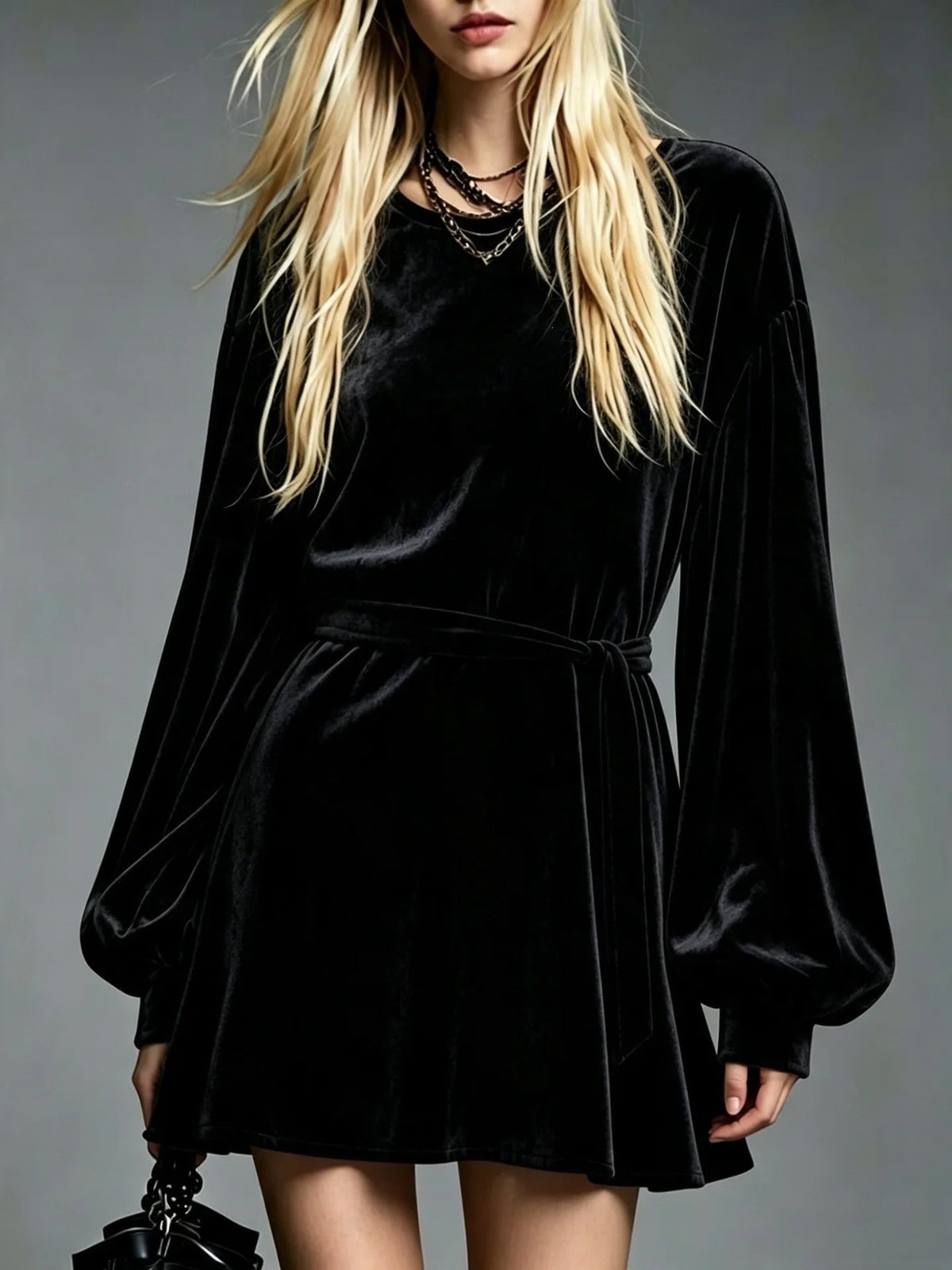 Women's Velvet Mini Dress with Matching Belt