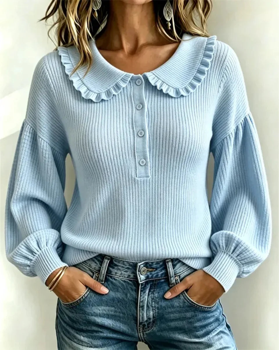 Women's Ribbed Top with Frilled Collar