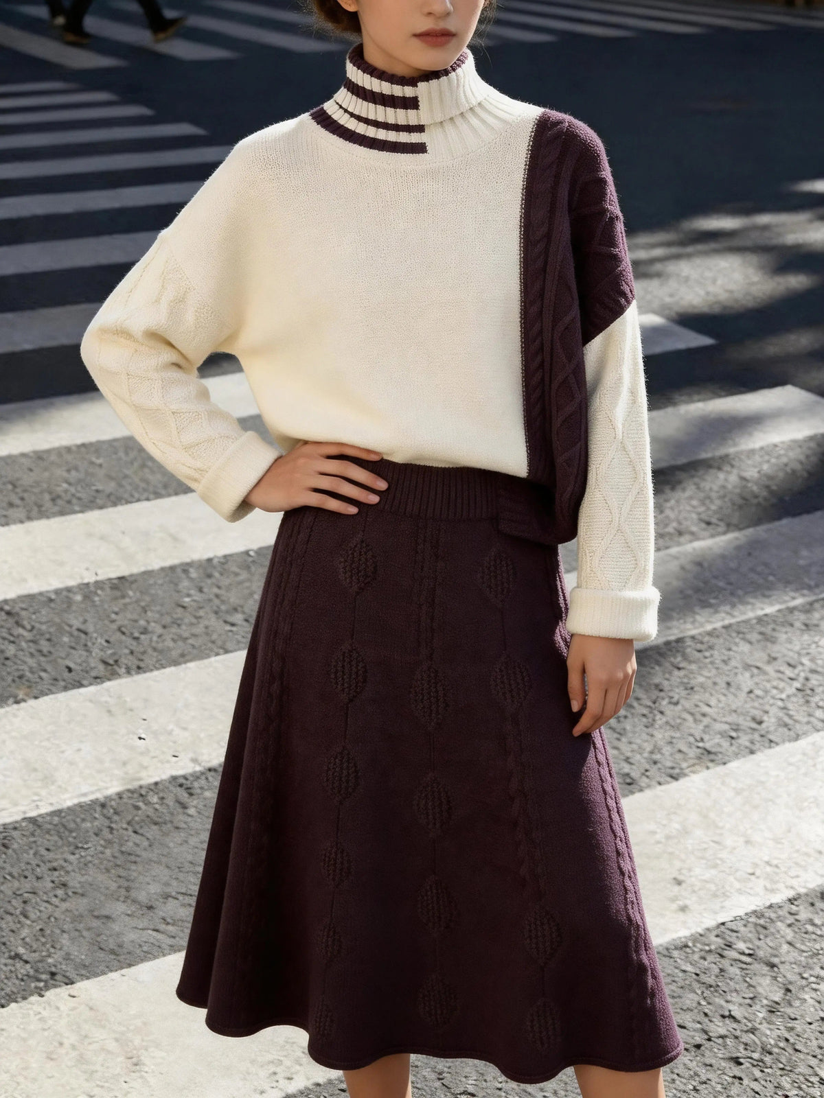 Women's Knit Set with Colour Block Turtleneck