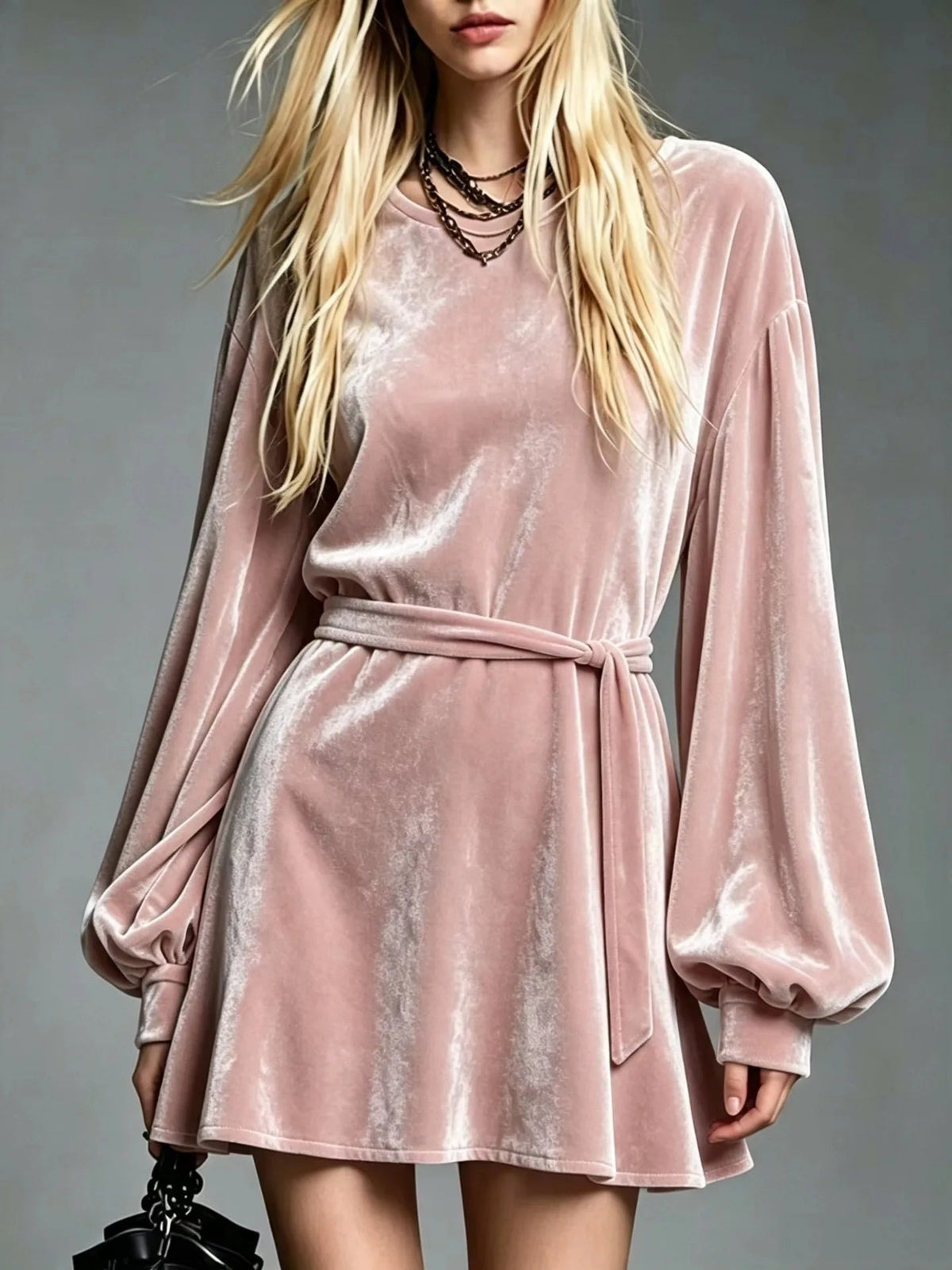 Women's Belted Velvet Dress in A-Line Cut