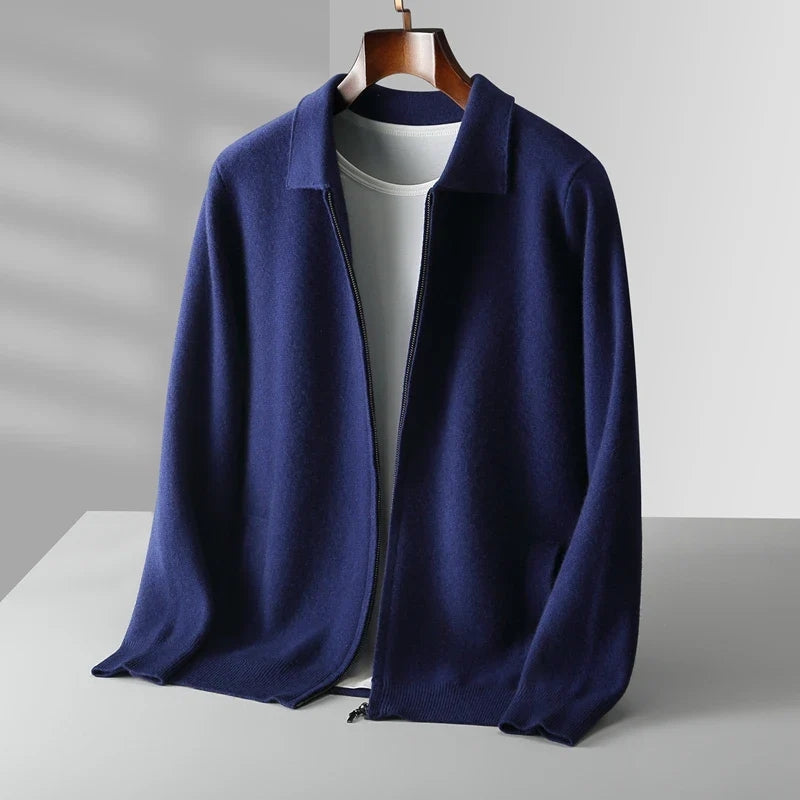 Refined Knitted Zip-Up Cardigan with Polo Collar for Men