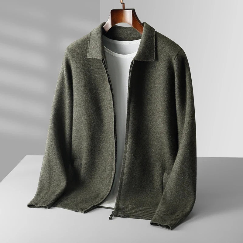 Refined Knitted Zip-Up Cardigan with Polo Collar for Men