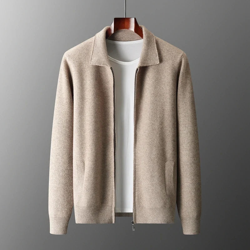 Refined Knitted Zip-Up Cardigan with Polo Collar for Men