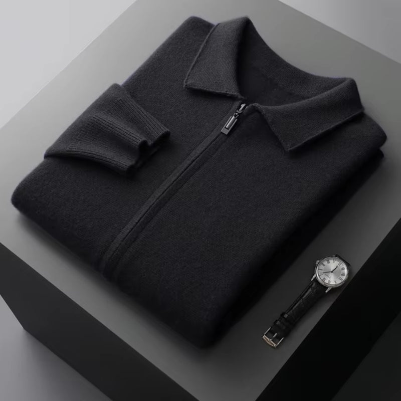 Refined Knitted Zip-Up Cardigan with Polo Collar for Men