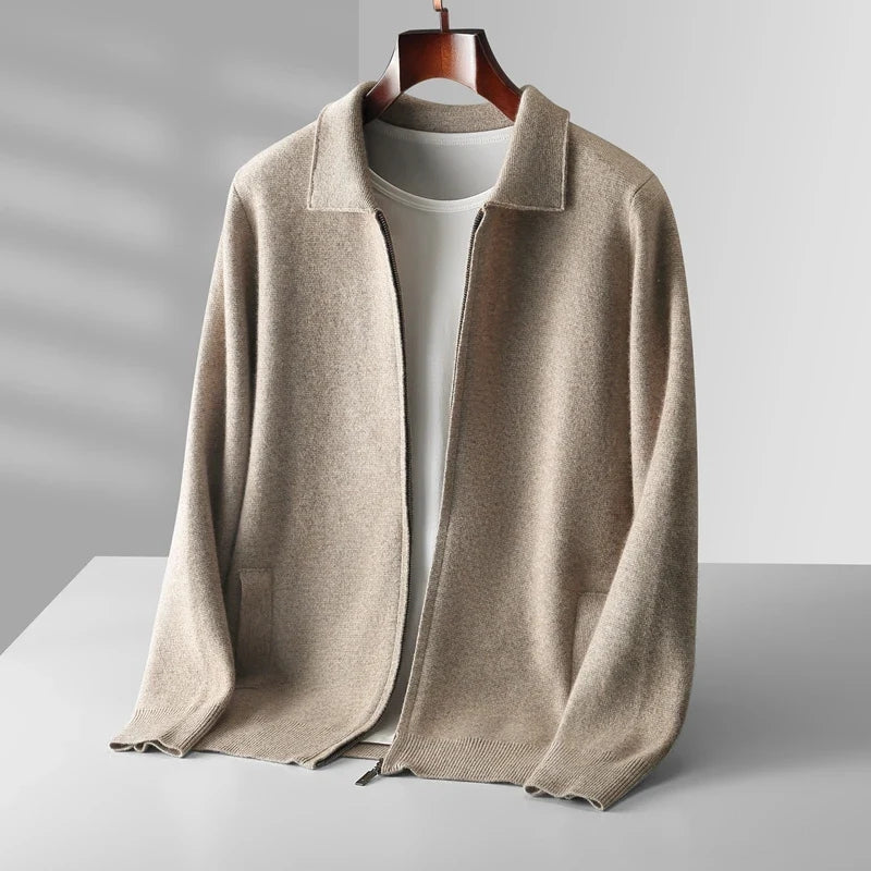 Refined Knitted Zip-Up Cardigan with Polo Collar for Men