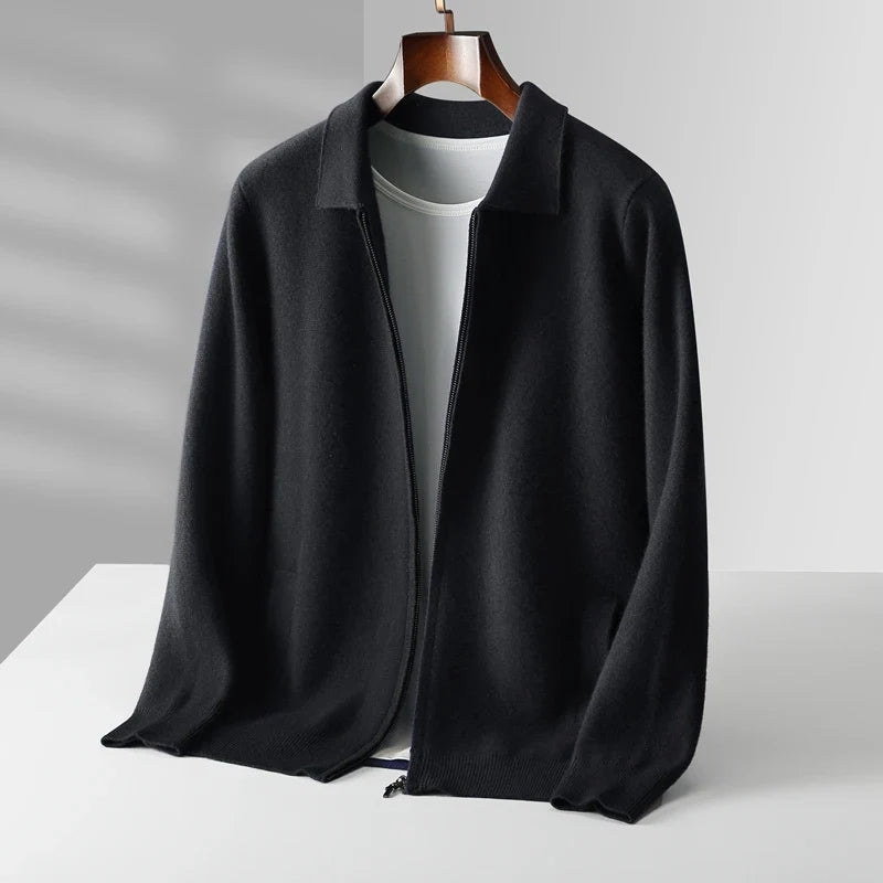 Refined Knitted Zip-Up Cardigan with Polo Collar for Men