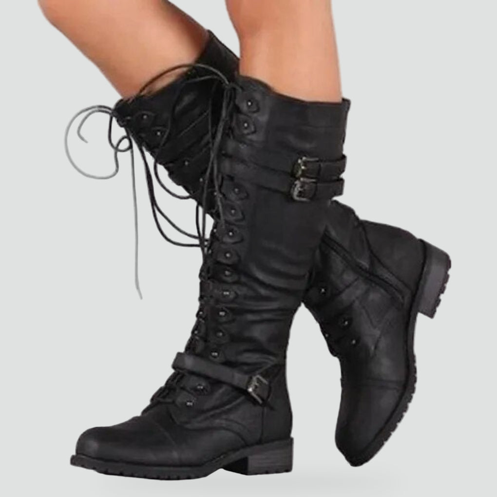 Lace-Up Boots for Women with Retro Style and Buckles