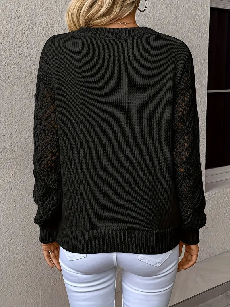 Women's Knitted Sweater with Lace Sleeves and V-Neck