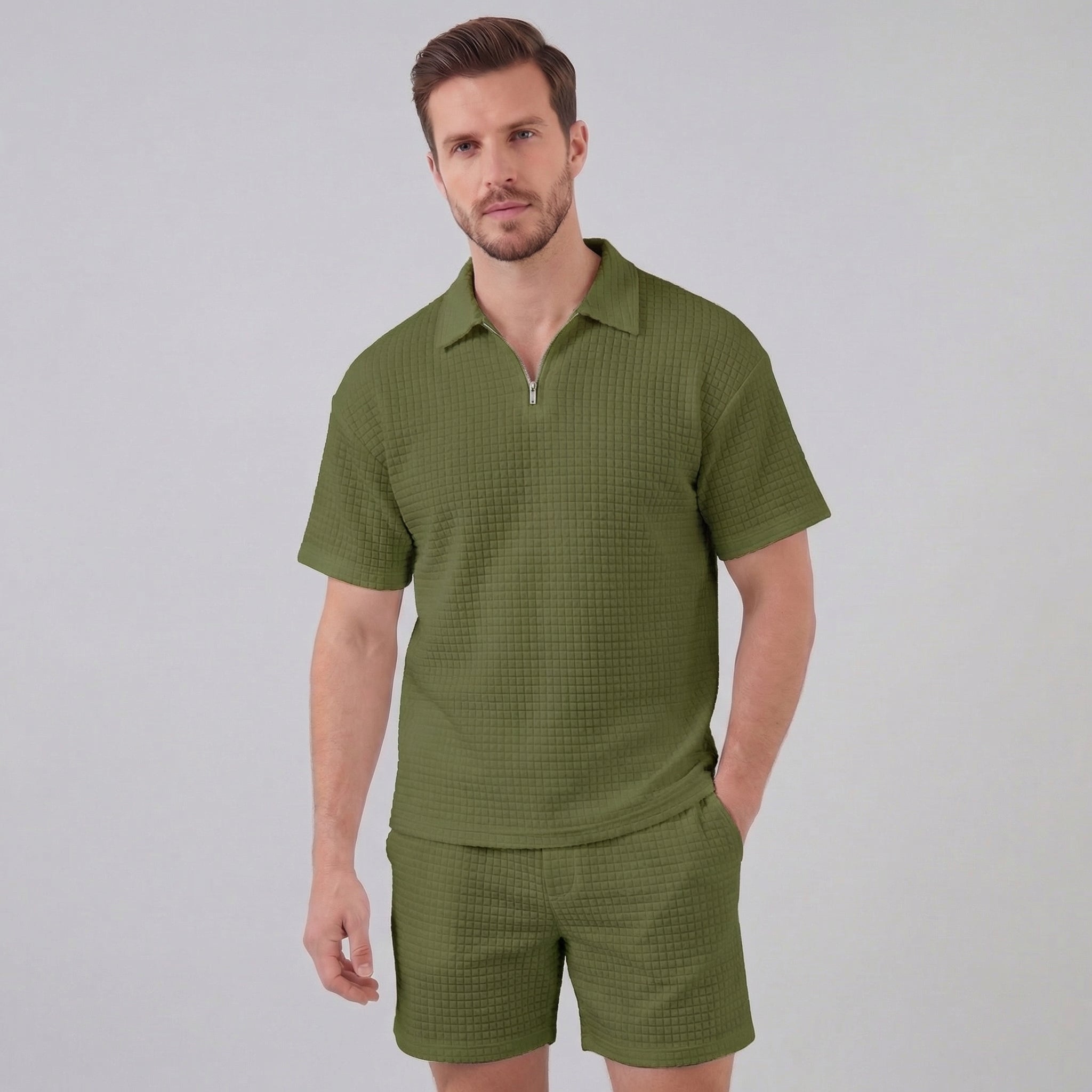 Waffle Knit Set Men's Summer Casual Half Zip Polo