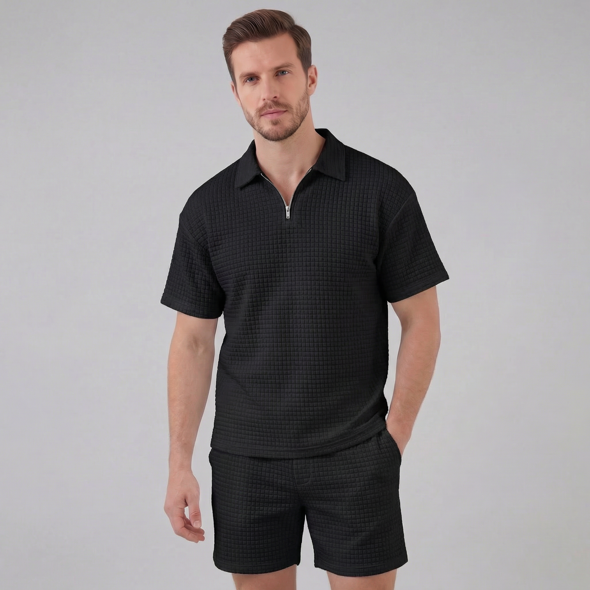 Waffle Knit Set Men's Summer Casual Half Zip Polo