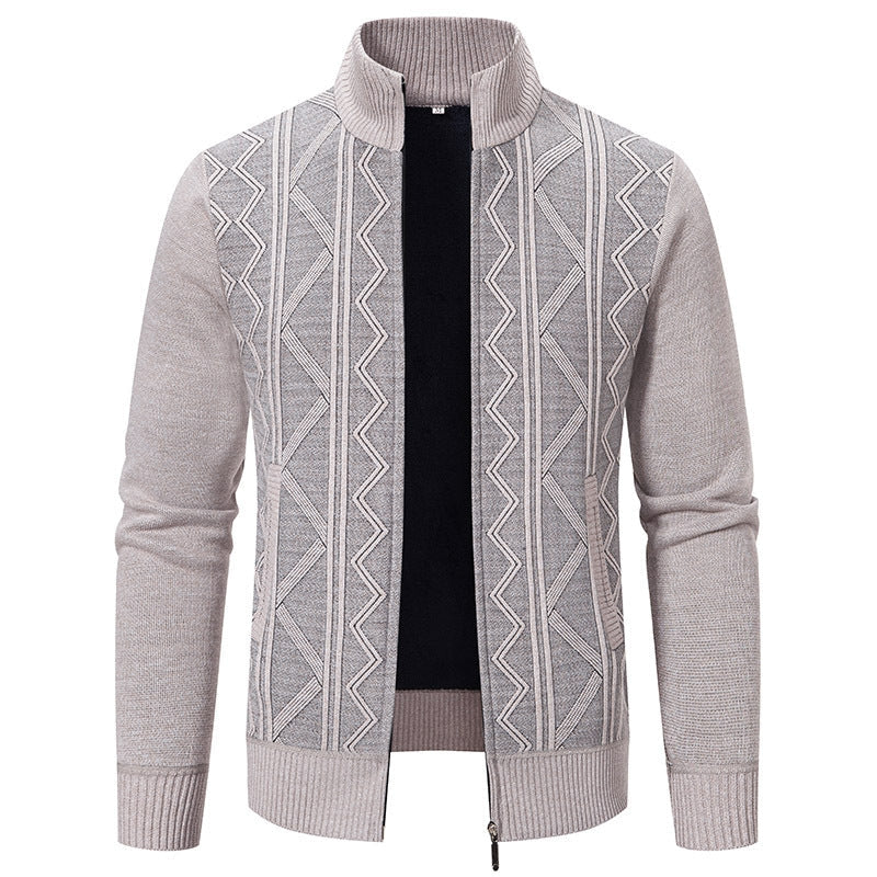 Warm Knitted Men's Gilet with Stand-Up Collar and Zigzag Pattern