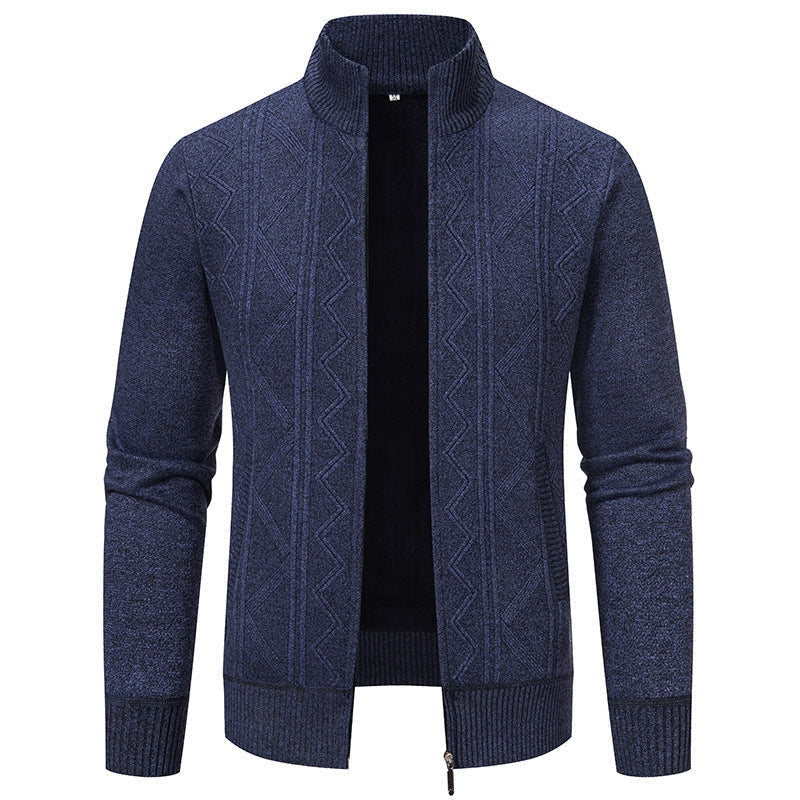 Warm Knitted Men's Gilet with Stand-Up Collar and Zigzag Pattern