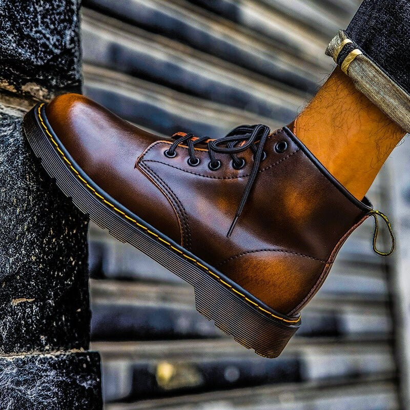 Water-repellent Leather Lace-up Boots with Non-slip Sole for Men