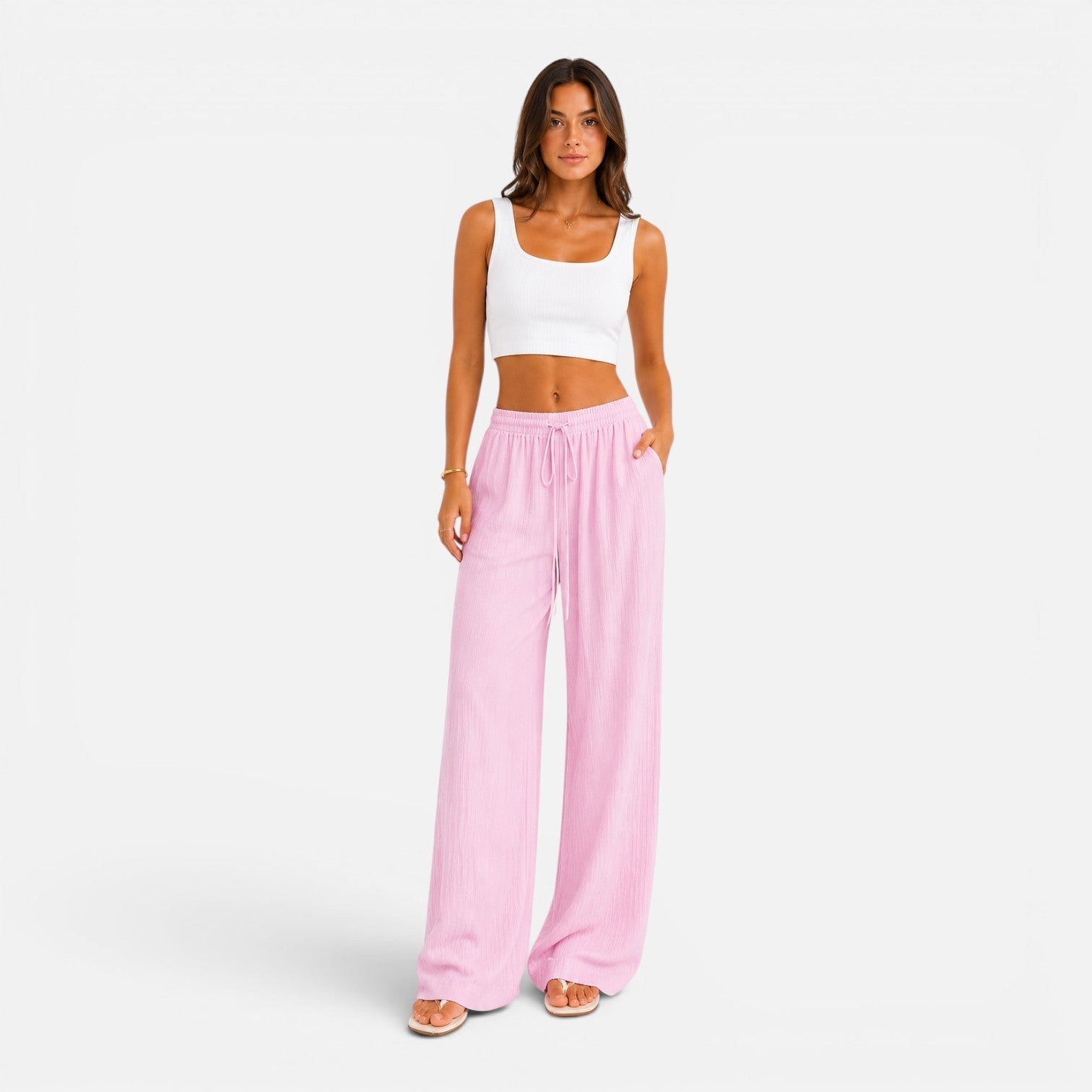 Wide-Leg Trousers for Women with Elastic Waist Comfort Fit Casual