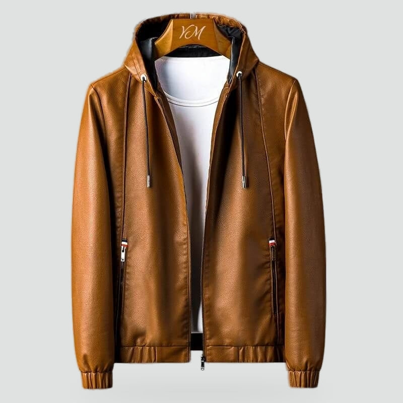 Windproof Leather Hooded Jacket with Zip Pockets for Men