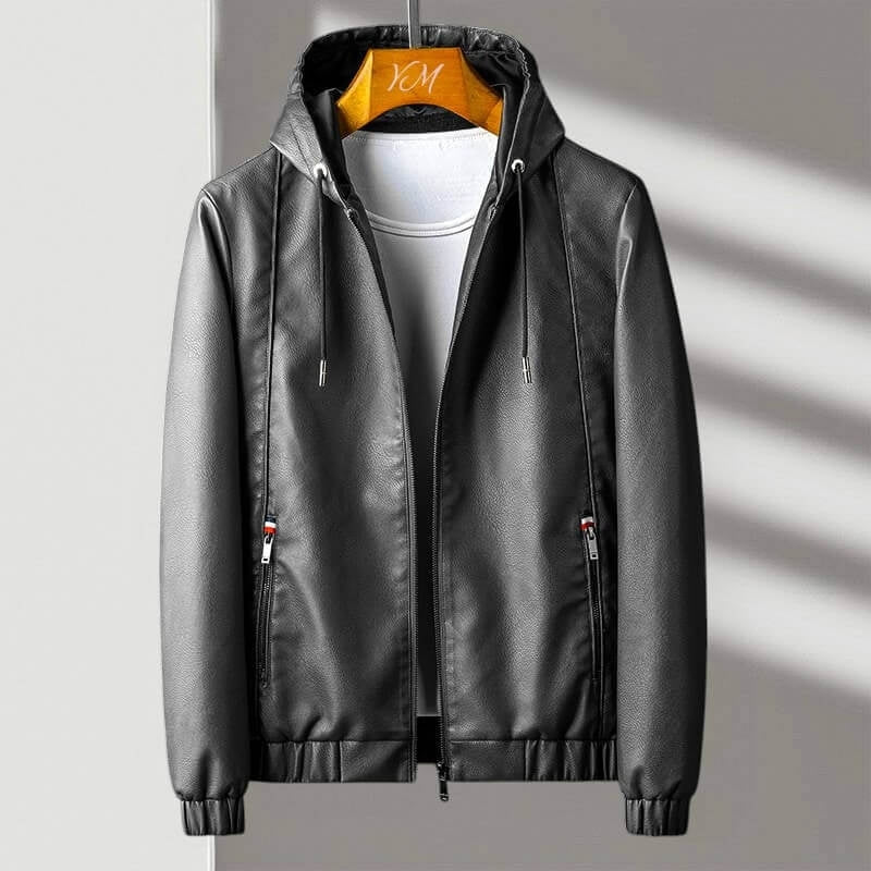 Windproof Leather Hooded Jacket with Zip Pockets for Men