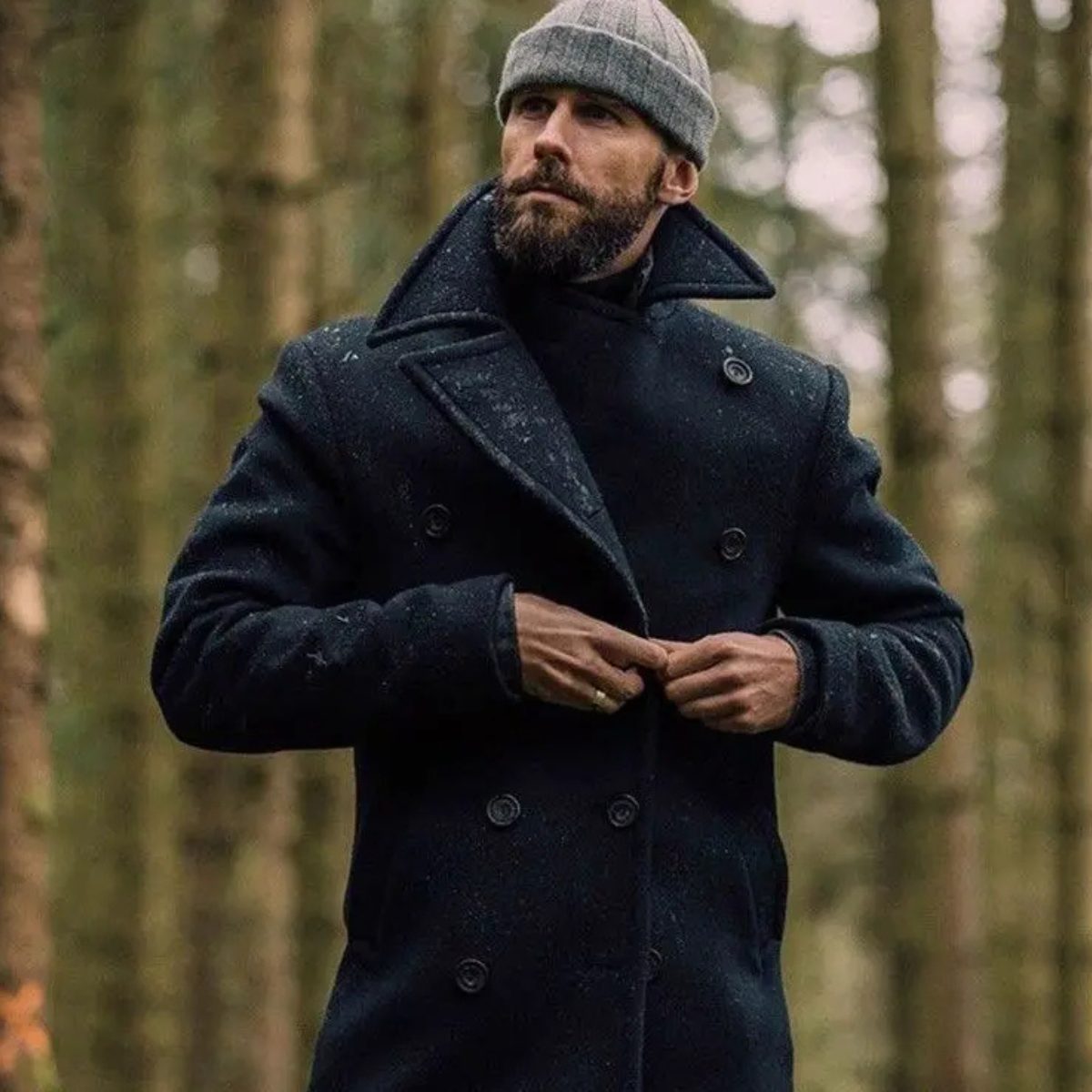 Men's Double-Breasted Wool Coat with Notched Lapel