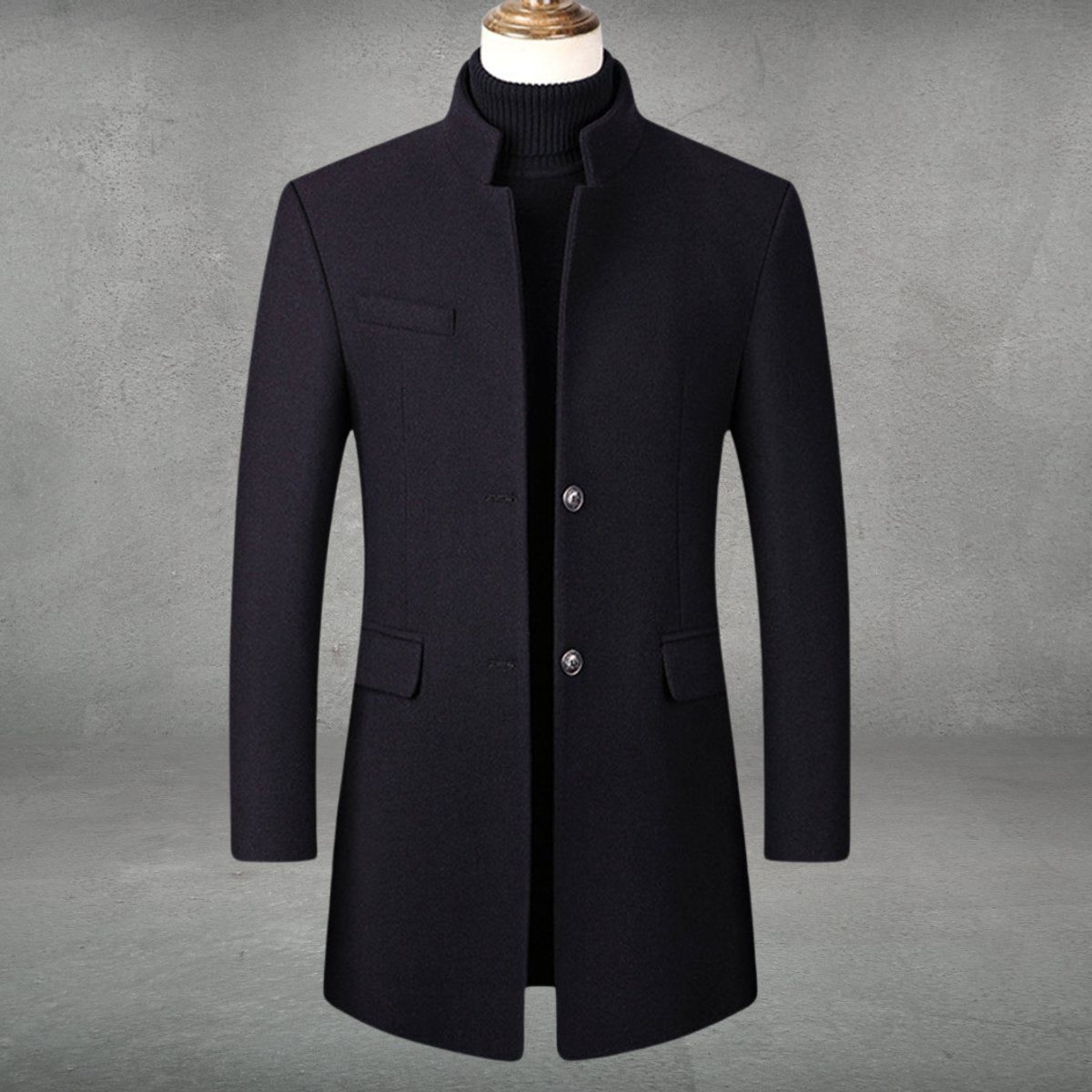 Men's Long Wool Coat with Stand-Up Collar and Flap Pockets