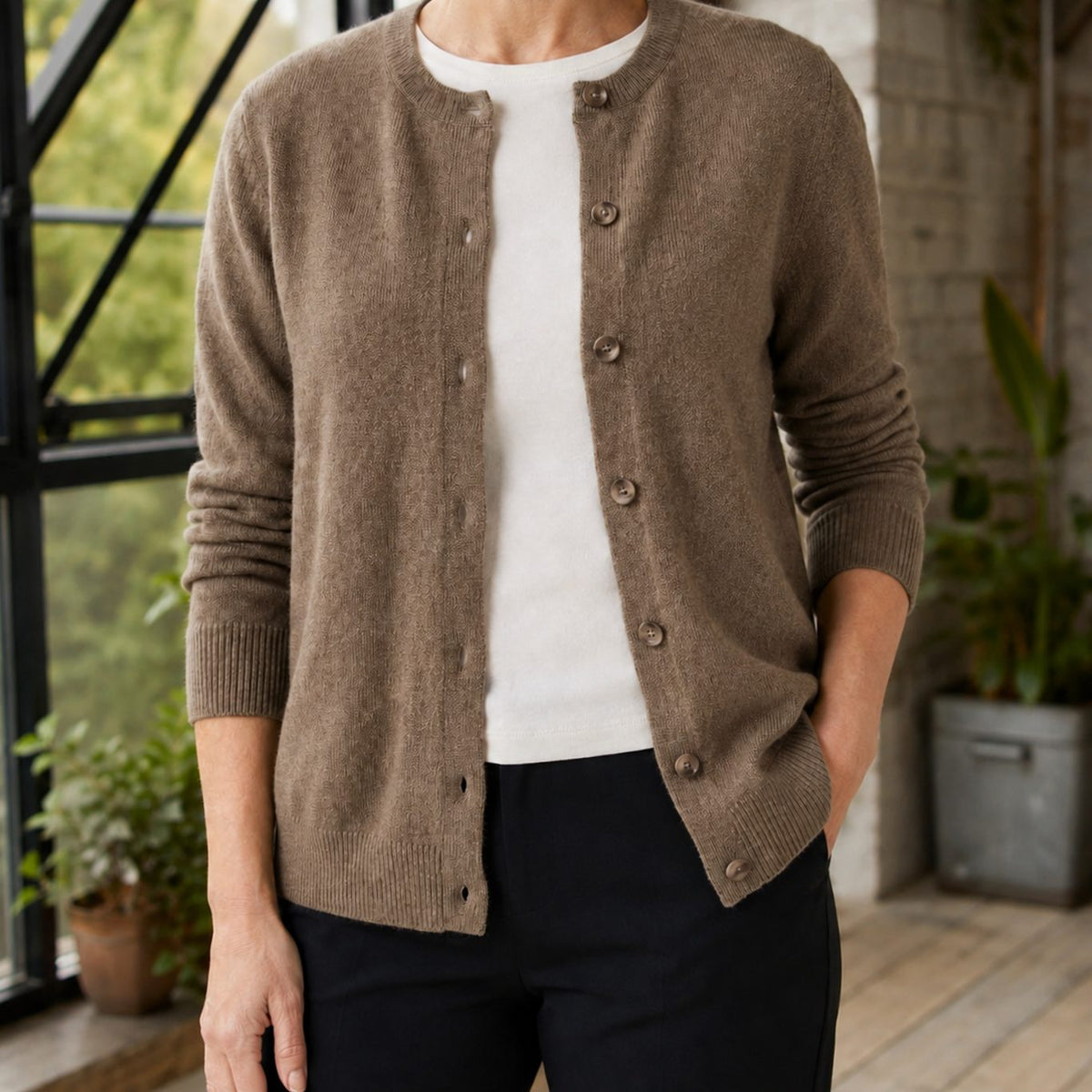 Women's Button-Up Knit Crew Neck Cardigan