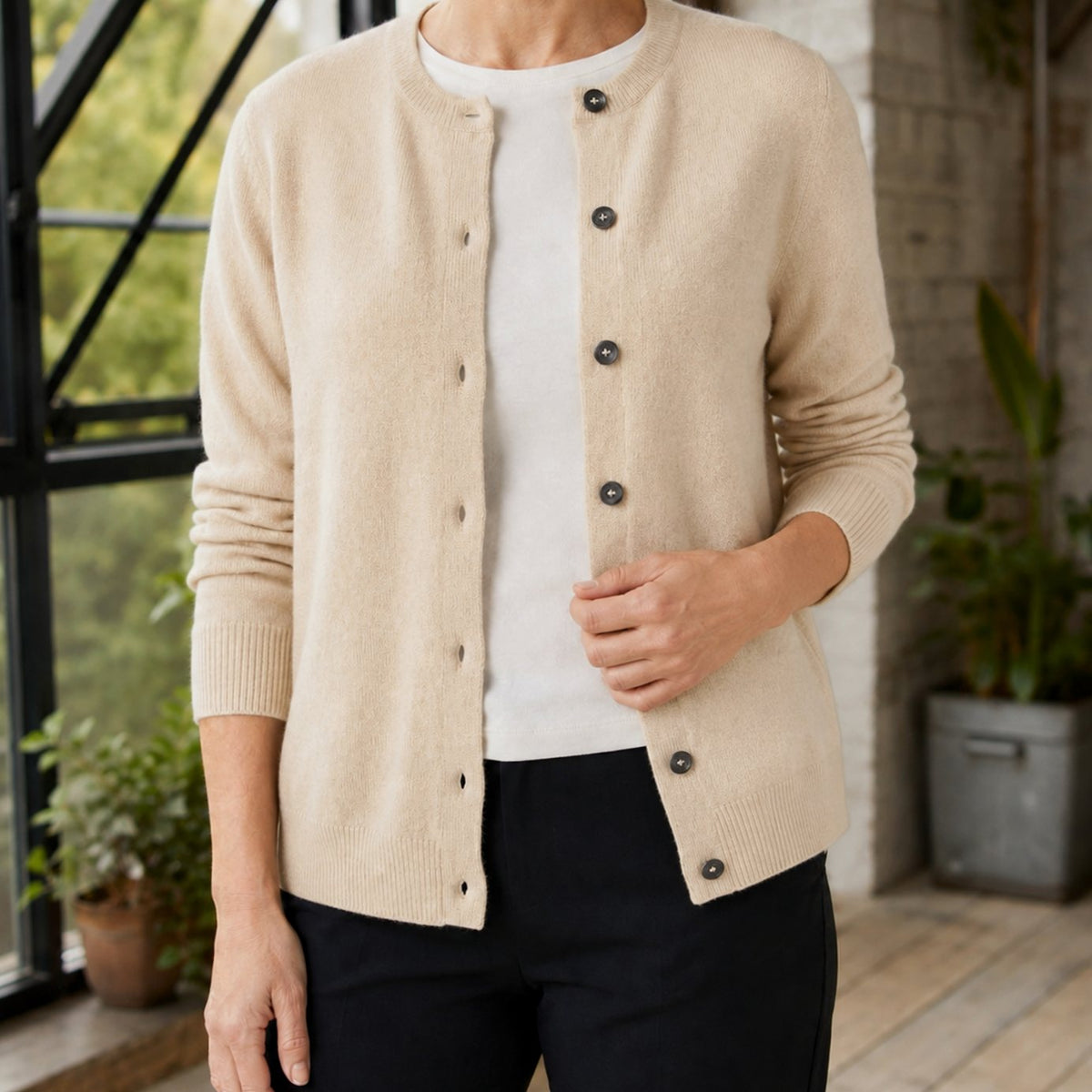 Women's Button-Up Knit Crew Neck Cardigan