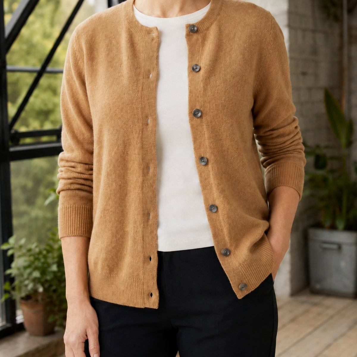 Women's Button-Up Knit Crew Neck Cardigan