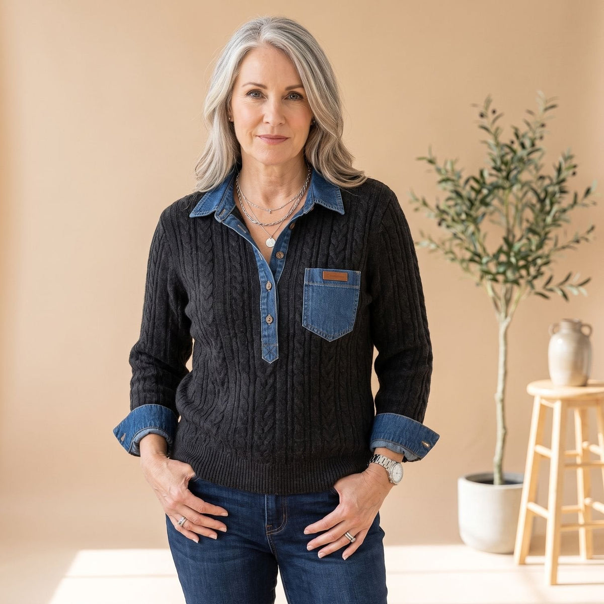 Aria | Women's Button-Down Sweater with Cable-Knit and Denim-Trim Patchwork