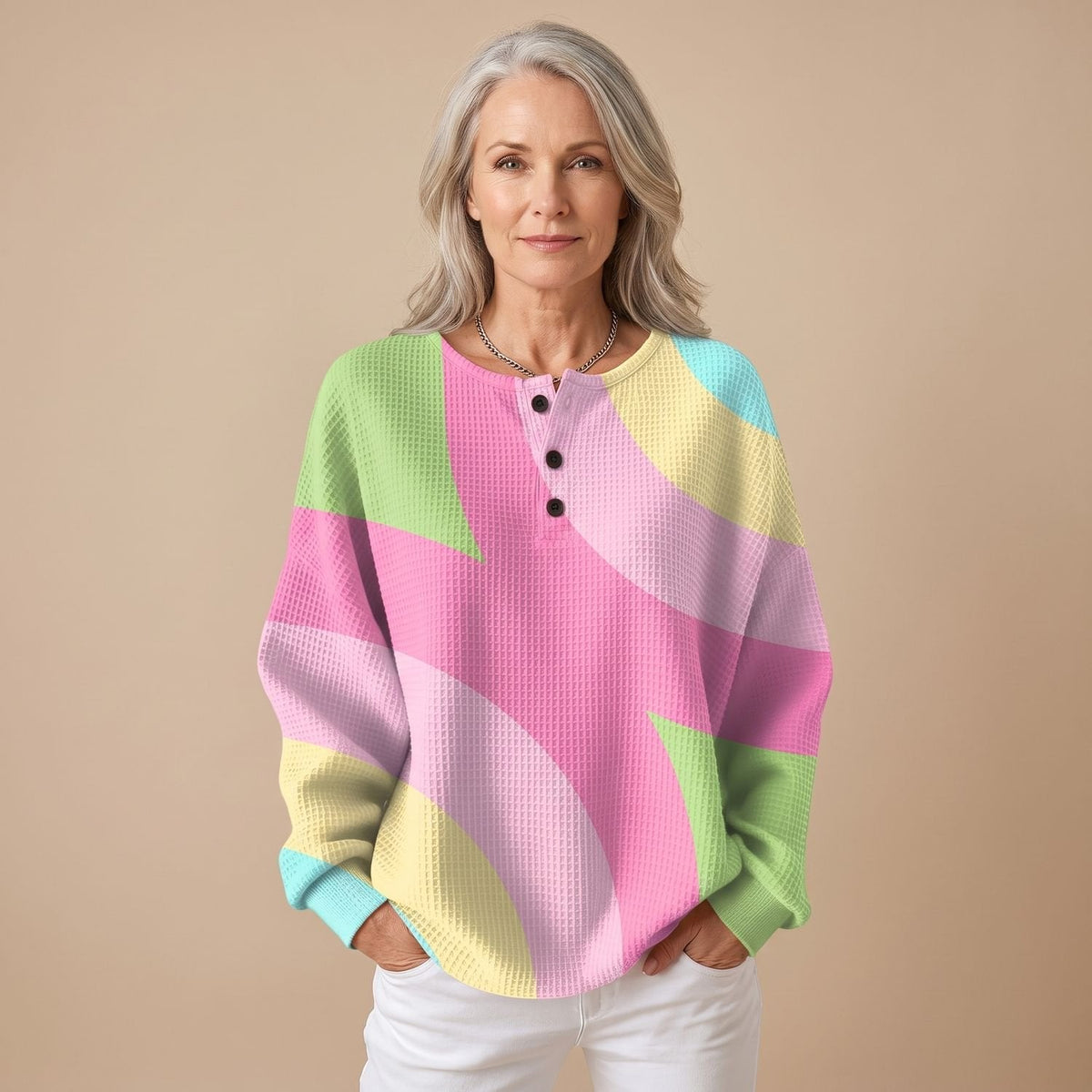 Emma | Women's Geometric Knit Henley Sweater in Colorblock Design