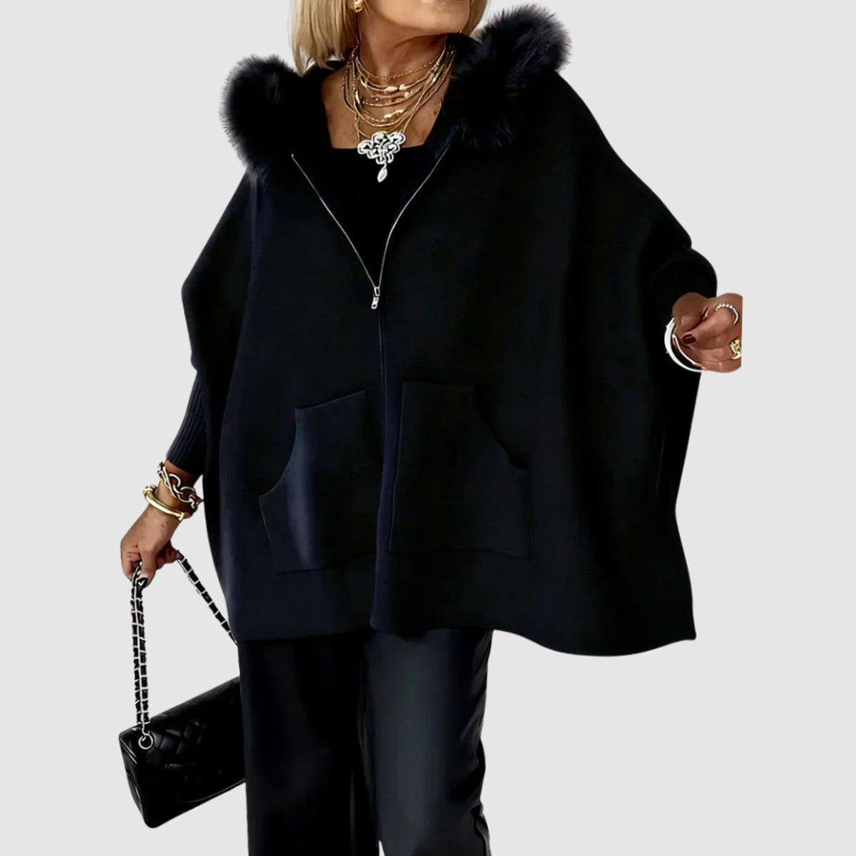 Eleanor | Women's Zip-Up Poncho Cape Coat with Faux Fur Hood
