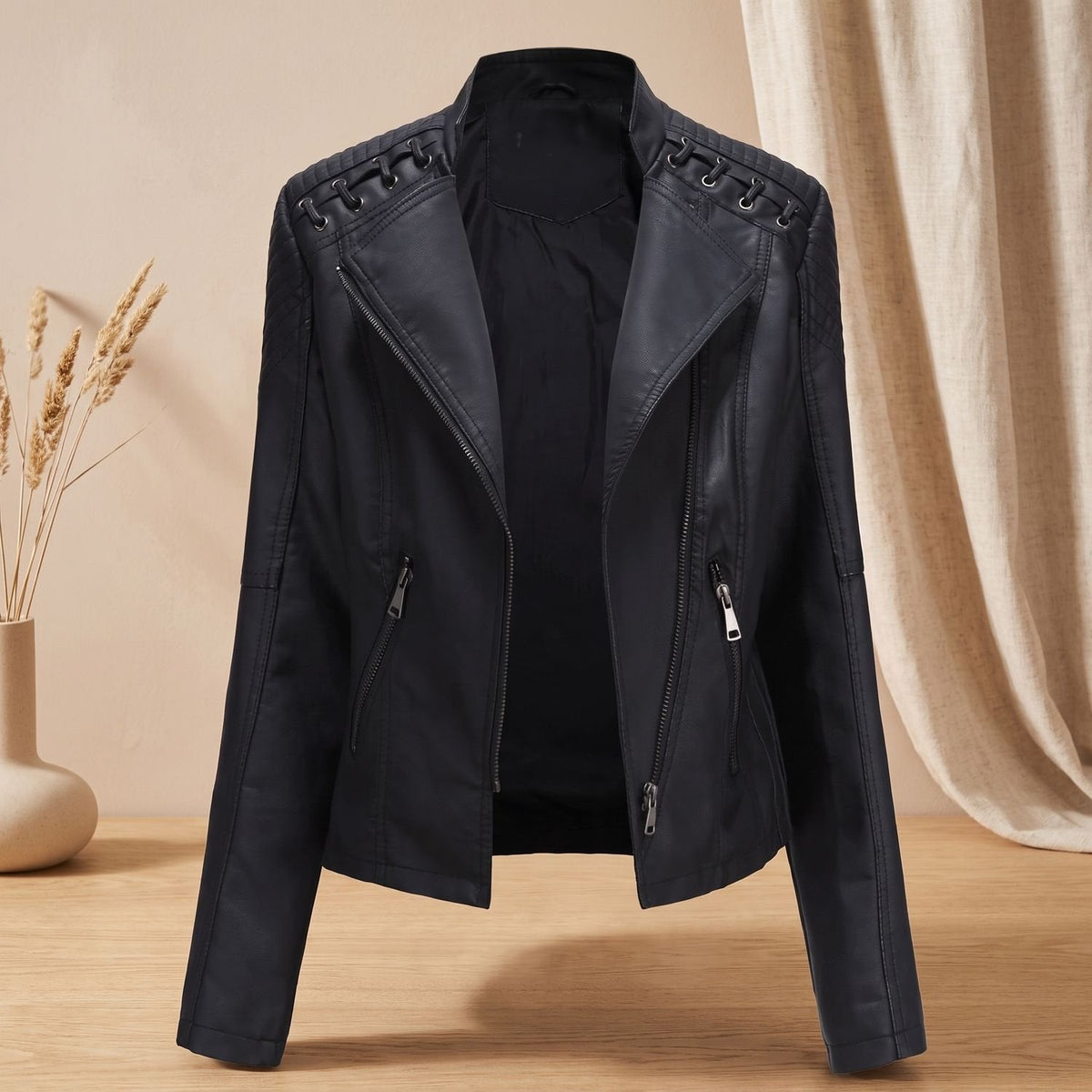 Victoria | Women's Lace-Up Shoulder Faux Leather Biker Jacket with Zip-Up Closure