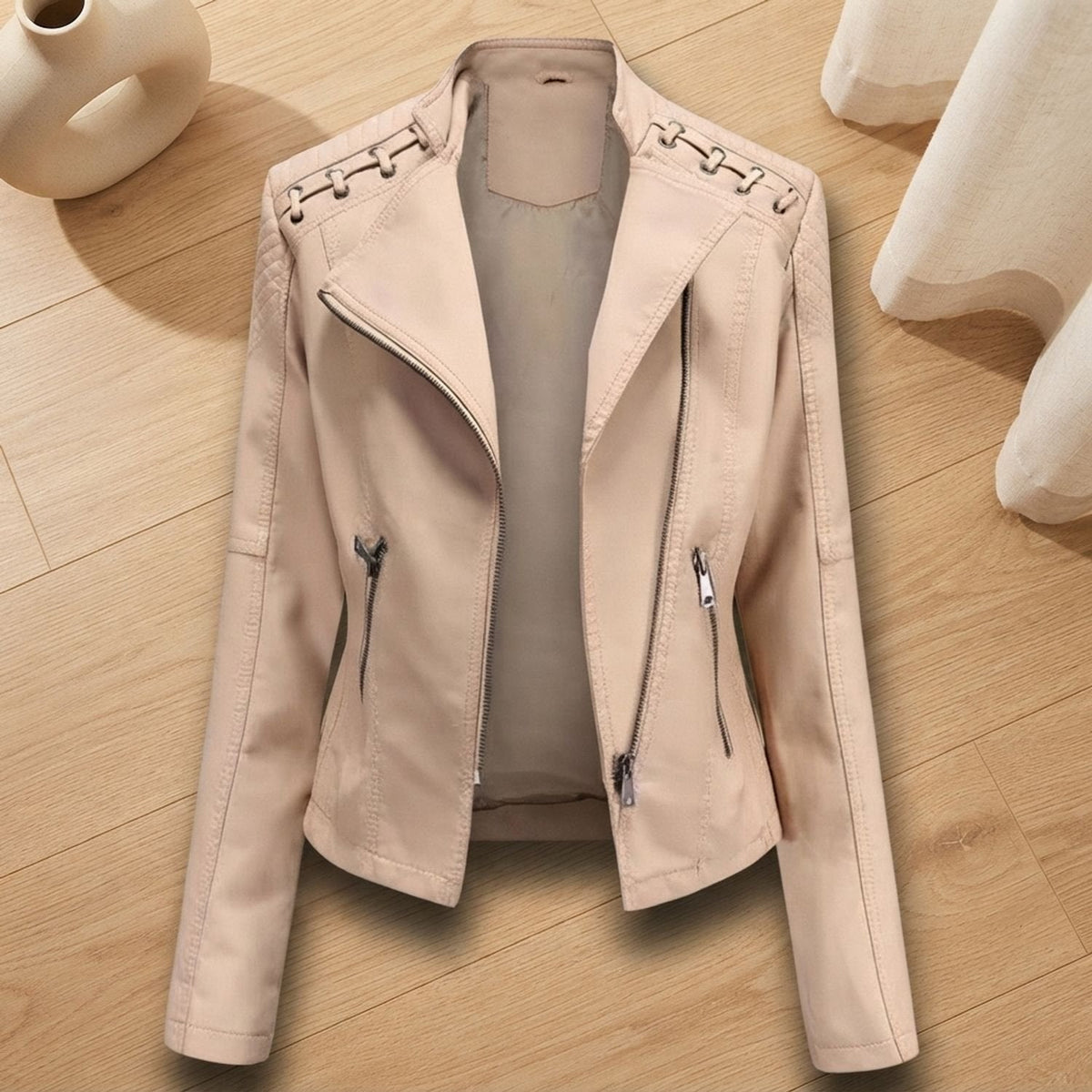 Victoria | Women's Lace-Up Shoulder Faux Leather Biker Jacket with Zip-Up Closure