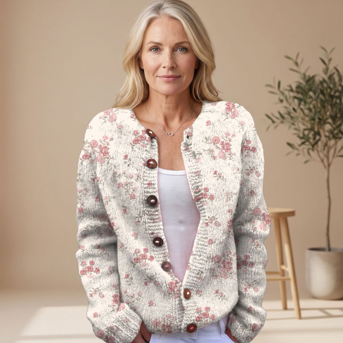 Harper | Cream Floral Knit Cardigan Sweater for Women with Button Front