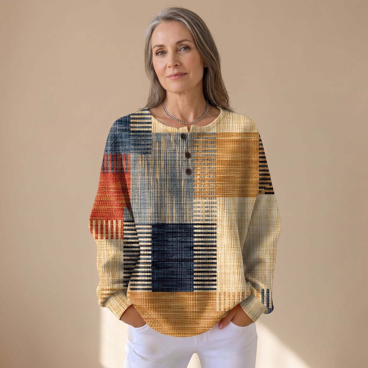 Amelia | Women's Long-Sleeve Henley Sweatshirt with Geometric Print