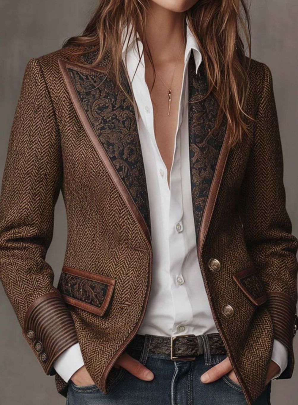Mia | Women's Structured Blazer with Herringbone Print Panels