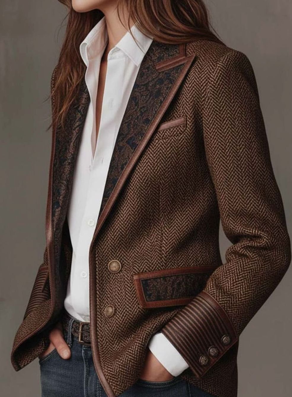 Mia | Women's Structured Blazer with Herringbone Print Panels