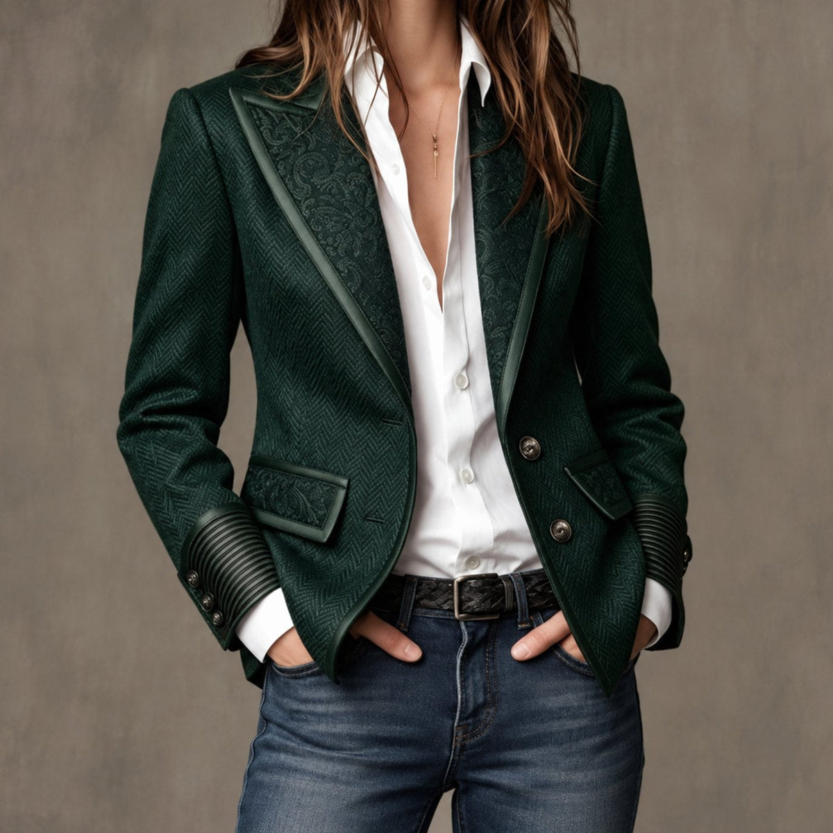 Mia | Women's Structured Blazer with Herringbone Print Panels