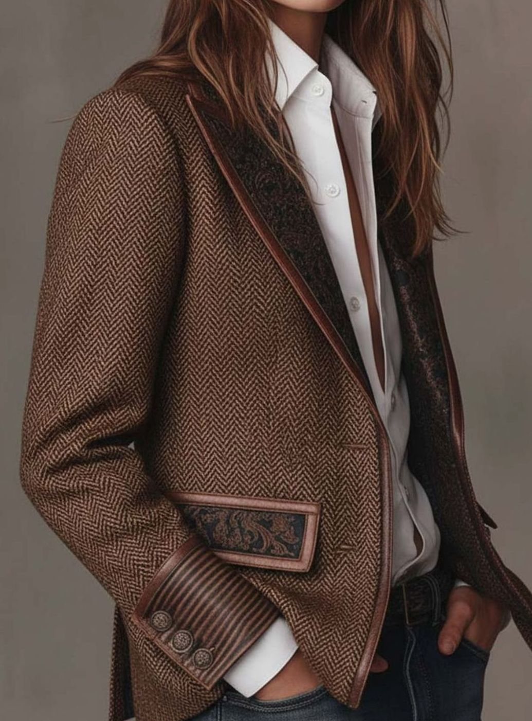 Mia | Women's Structured Blazer with Herringbone Print Panels
