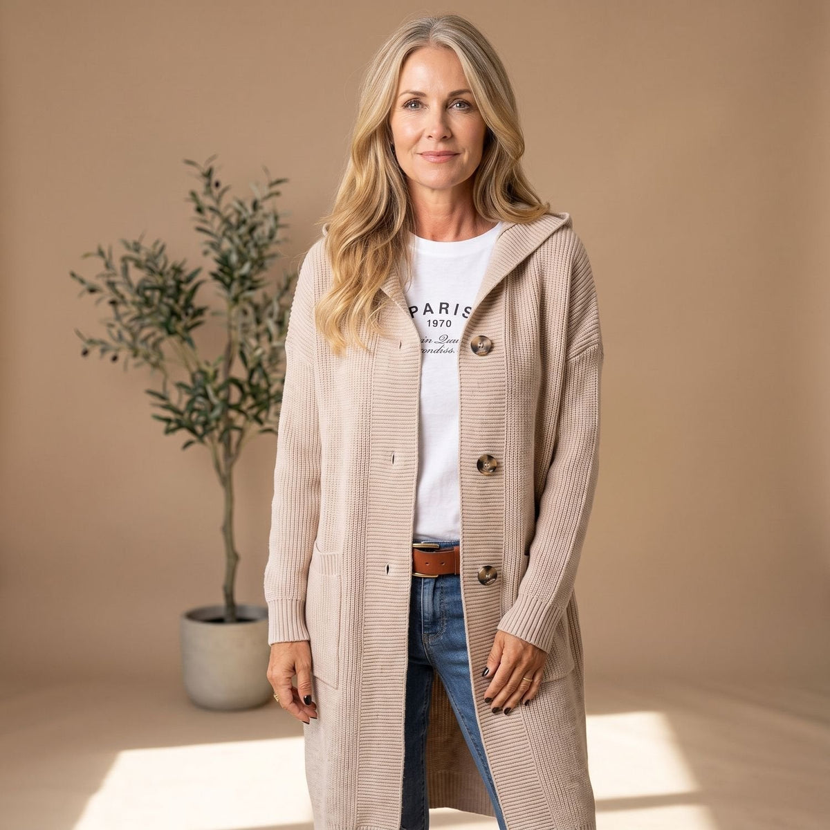 Emma | Women's Long Ribbed Knit Cardigan with Hood and Button Front